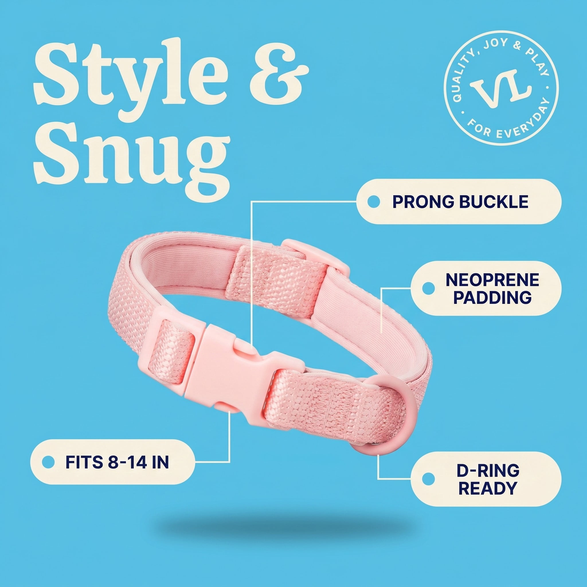 Vibrant Life Neoprene Cushioned Adjustable Dog Collar, Soft Pink, S