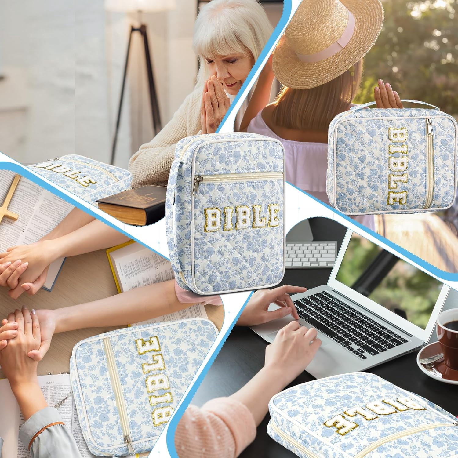 Quilted Bible Cover Case for Women Large Carrying Bag Book Tote Bags Bible Bag with Handle Bible Study Supplies Christian Gifts  for Church Religious with Organizer Tabs 6 Colored Pens 6 Highlighters