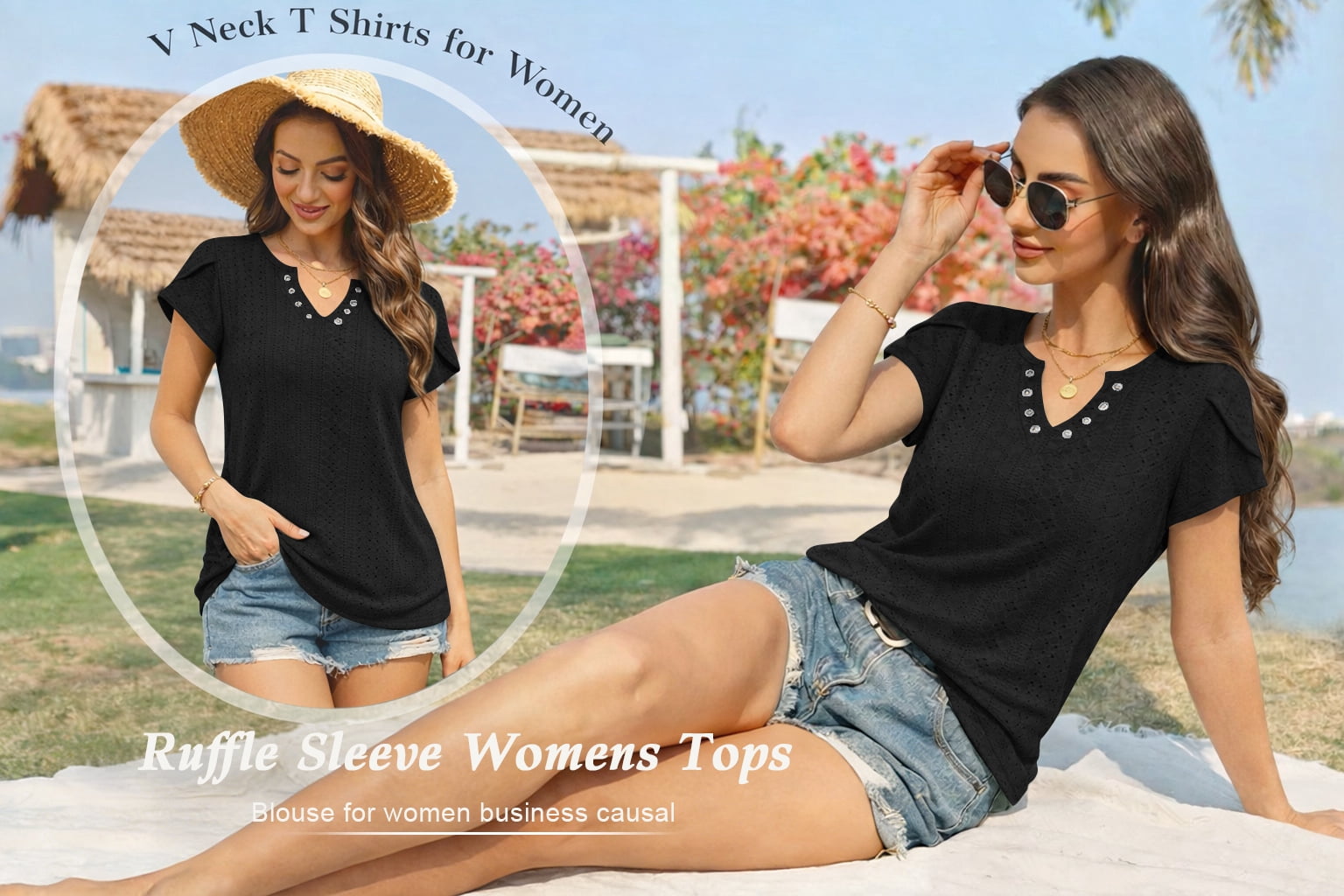 TEMOFON Women T-shirts Summer Short Sleeve Tops Casual Ruffle Sleeve Tunic Tops Trendy V Neck Tops Loose Ladies Shirts Blouses Black M