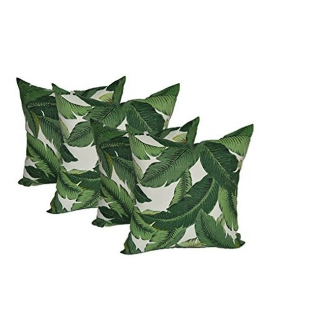 Set of 4 Square Throw Pillows Green & White Tropical Palm Leaf 20" x