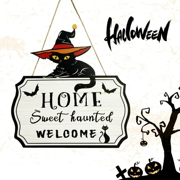 Halloween Decorations 3D Black Cat Door Hanger Home Sweet Haunted Home Wooden Door Sign Rustic Wall Decor Spooky Welcome Sign for Haunted House Halloween Party Outdoor Indoor Decorative Signs（Black Ca