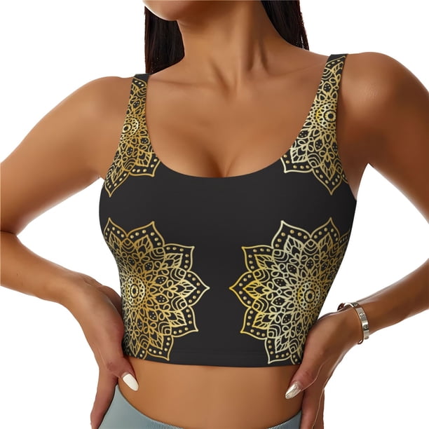 Fotbe Gold Mandala Sujetador Deportivo Largo sin Aros para Mujer con Almohadillas y Soporte Medio, Transpirable y Absorbente, Camiseta Tipo Chaleco o Tank Top-Medium