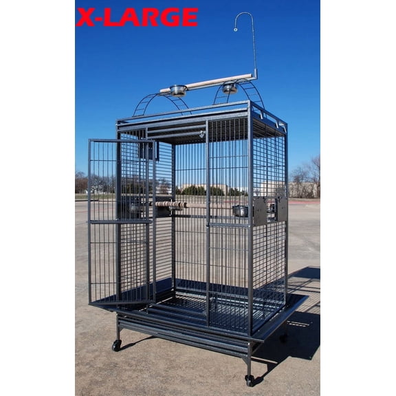 XX-LARGE 32" x 23" x 66"H Elegant and Durable Wrought Iron Bird Parrot Rolling Cage Double Ladders Open Play Top Perch Stand With Seed Guard