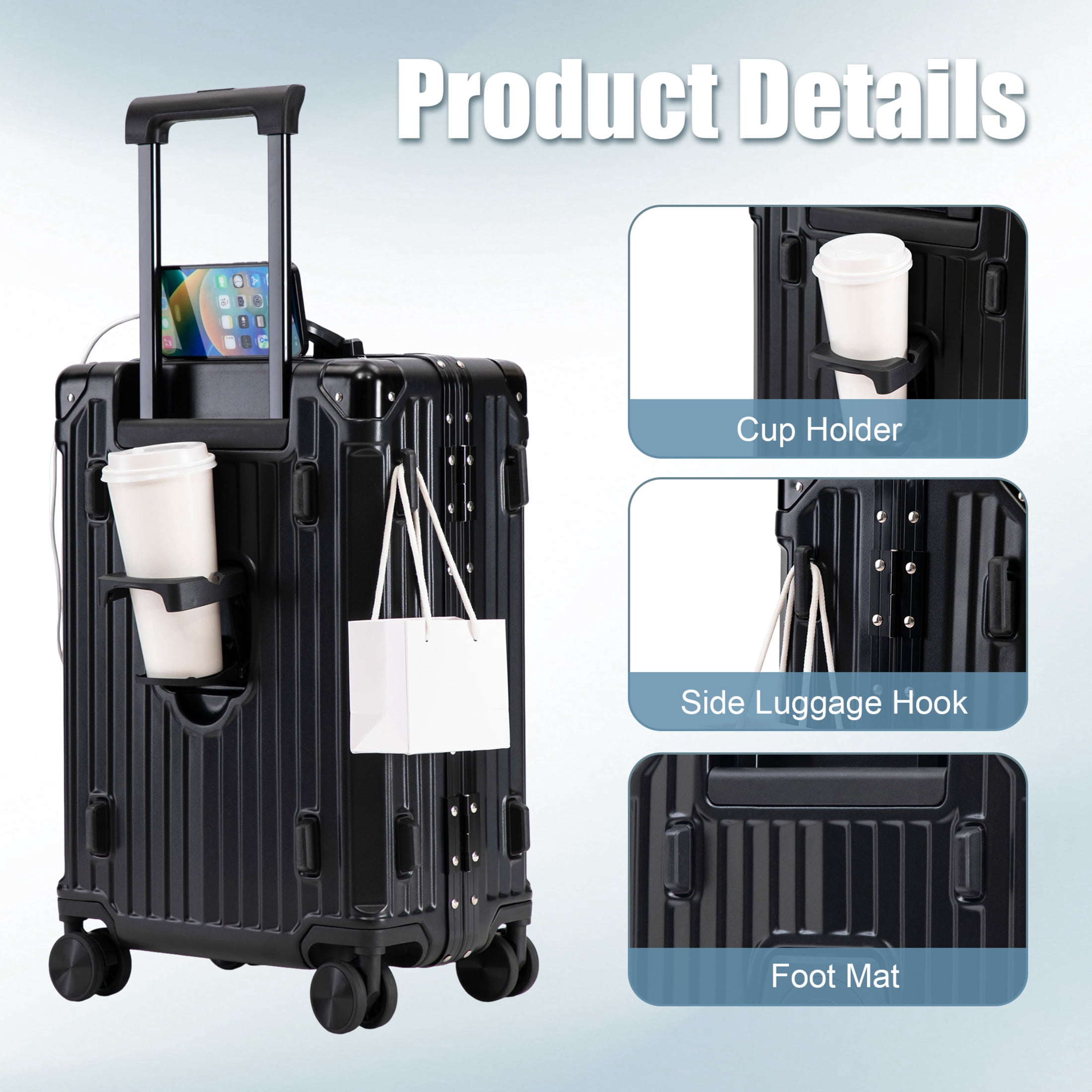 GDF Studio 20" Aluminum Frame ABS Carry-On Luggage with Charging Port & Cup Holder, Spinner Wheels Travel Trolley, Black