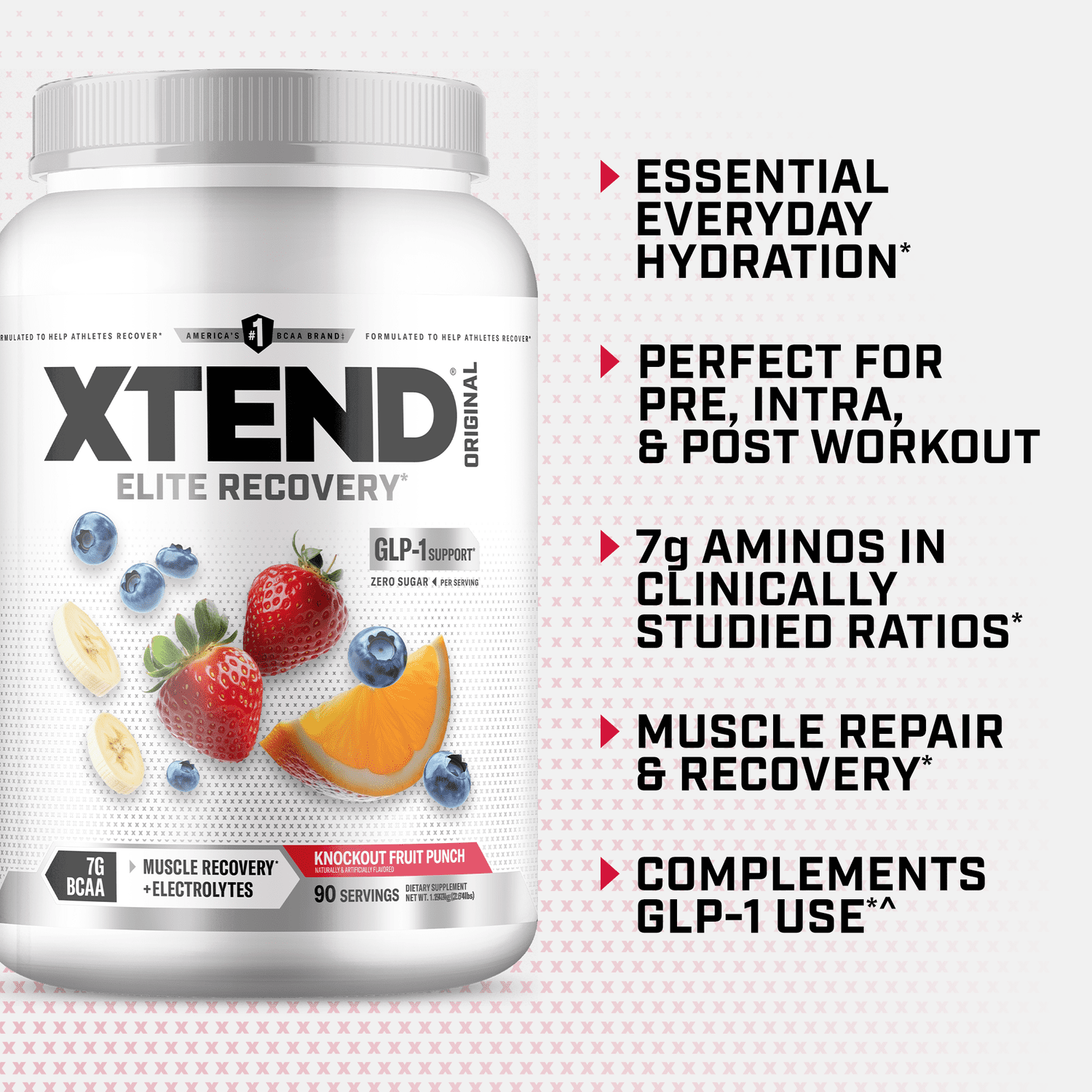 XTEND Original BCAA Powder, Sugar Free Post Workout Muscle Recovery Drink with Amino Acids and 7g BCAAs, Knockout Fruit Punch Flavor, 90 Servings