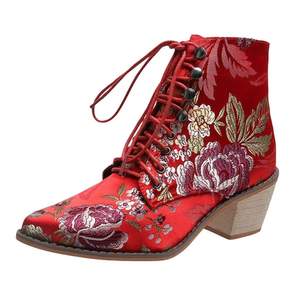 YLYL Womens Ankle Boots Vintage Floral Embroidered Chunky Block Heel Pointed Toe Lace up Dress Short Booties
