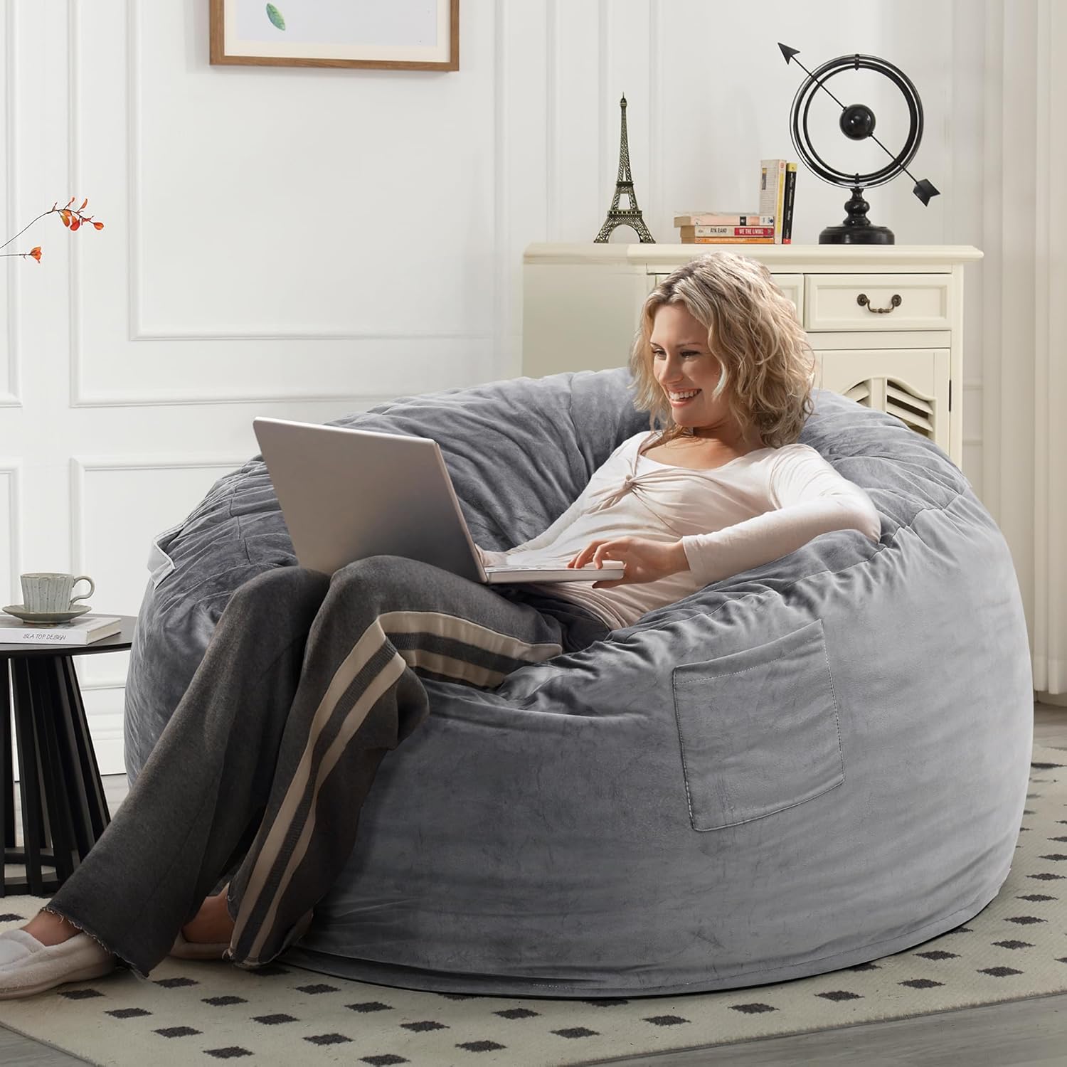 4 FT Bean Bag Chair for Adults, Teens, or Kids, Adult Size Beanbag Chair, Luxurious Memory Foam Filling, Washable Velvet Cover, Perfect for Living Room, Den, Bedroom, or Dorm, Light Grey