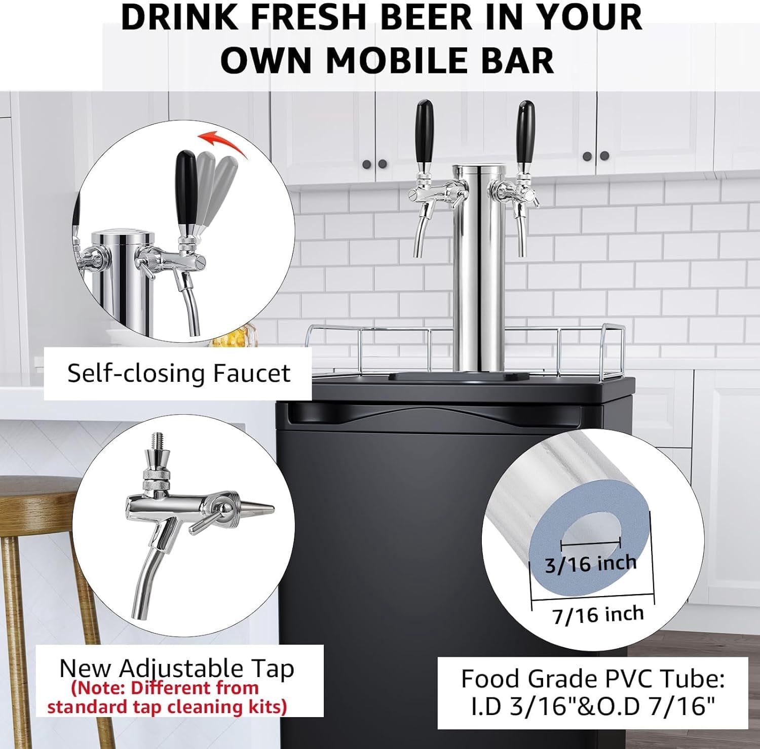 Upgraded Adjustable Dual Tap Kegerator Tower with Flow Control -Closing Faucet and Pre-Assembled Lines