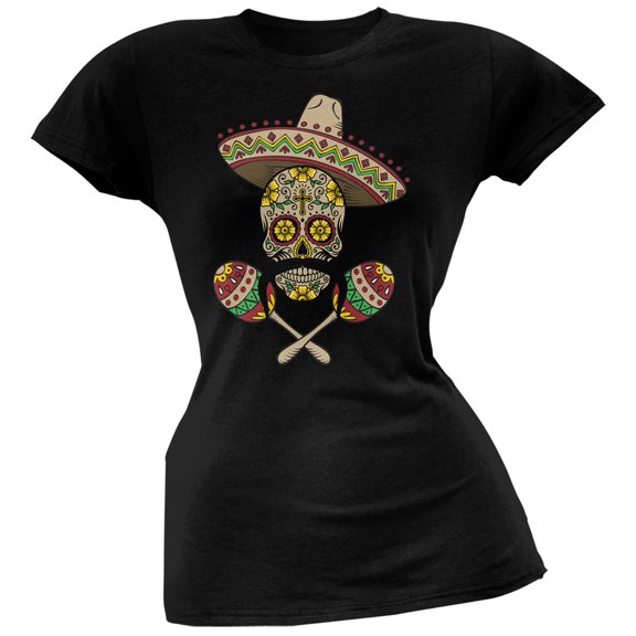 Cinco de Mayo - Sombrero Skull Maracas Crossbones Black Juniors Soft T-Shirt - 2X-Large