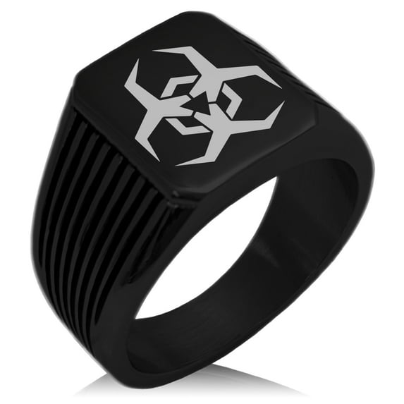 Stainless Steel Biohazard Malware Needle Stripe Pattern Biker Style Polished Ring
