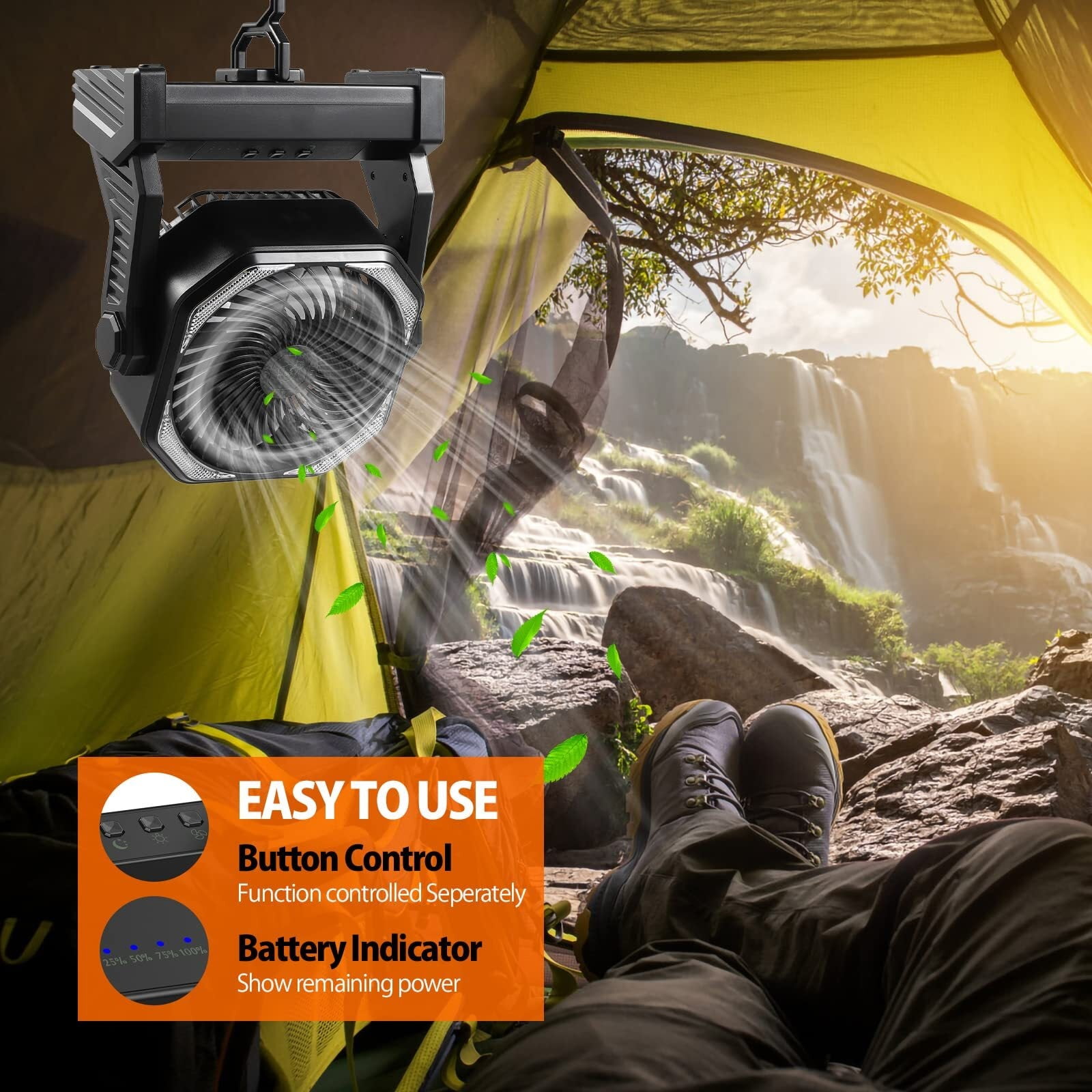 20000mAh Battery Powered Fan, Portable Rechargeable Desktop/Camping Fan with Light and Hook, 270° Rotation 4 Speed ​​Battery Powered Outdoor Fan for Tent, Car Travel, Sleeping, Hurricane,