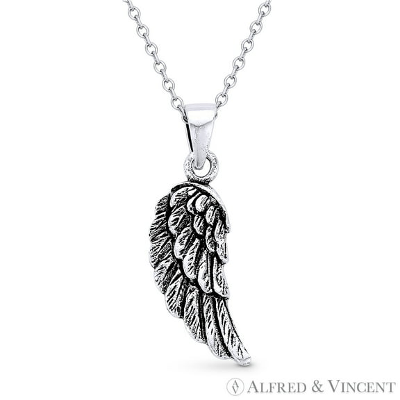 Angel's Wing Charm 25x8mm (1x0.3in) Pendant & Chain Necklace in Oxidized .925 Sterling Silver