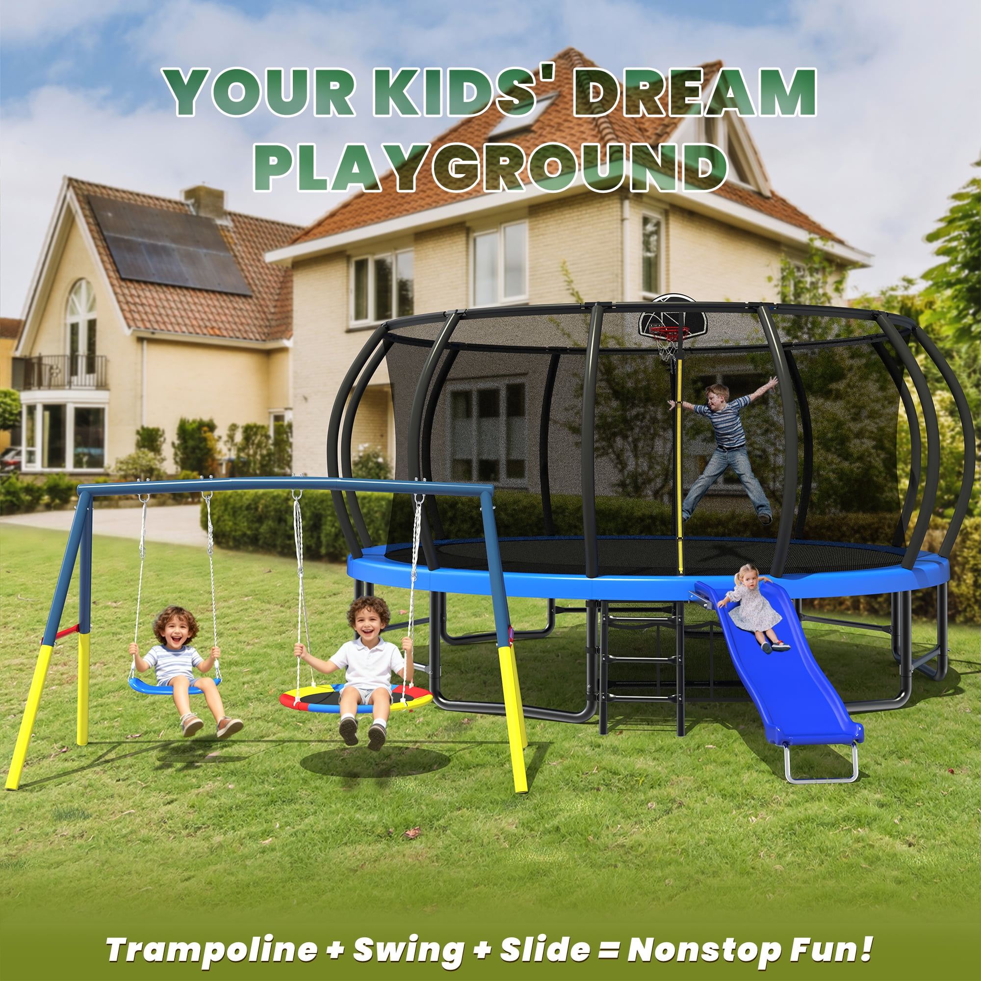 Mersco 15FT Heavy Duty Trampoline with Enclosure Net ,Slide ,Swing Set Outdoor Trampoline for Backyard,Kids Trampoline with Basketball Hoop,Birthday and Holiday Gifts for Kids,Blue