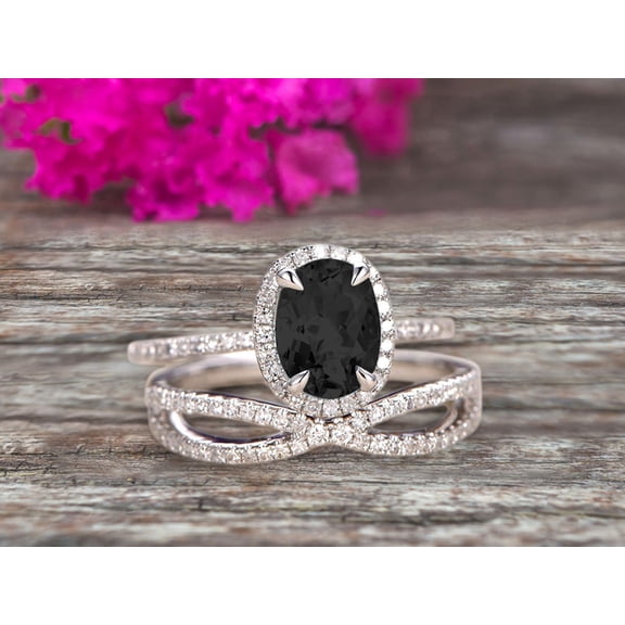 10k White Gold 2.75 Carat Oval Cut Black Diamond Moissanite Engagement Rings With Twisted Wedding Band Diamonds Halo Design