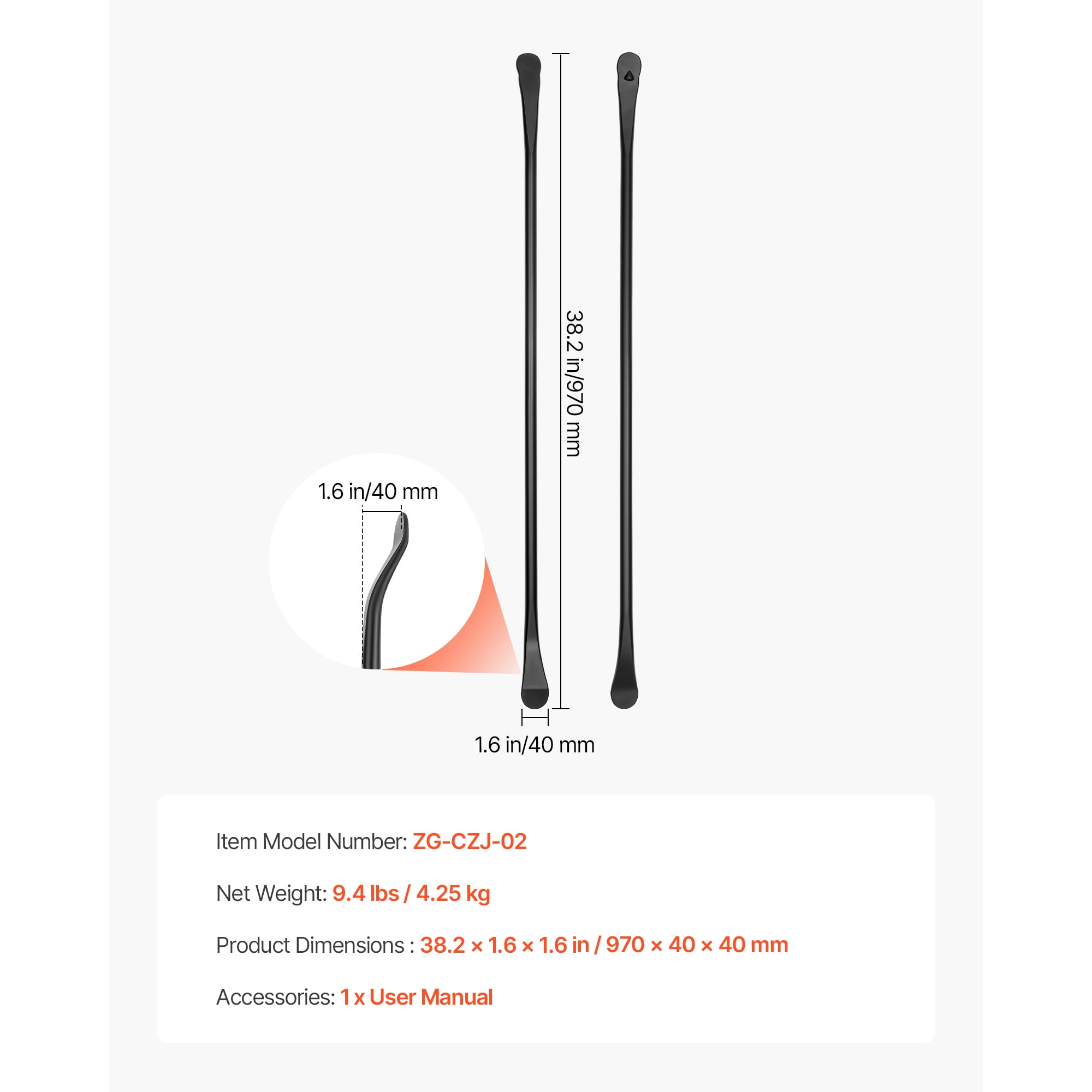 KFFKFF Tire Bars, 2 PCS 38.2 Inch Tire Mount and Demount Iron, Durable Alloy Steel Tools for Tire Changing, Suitable for Trucks, Semi-Trucks, Off-Road Vehicles, Light-Duty Vans, Black