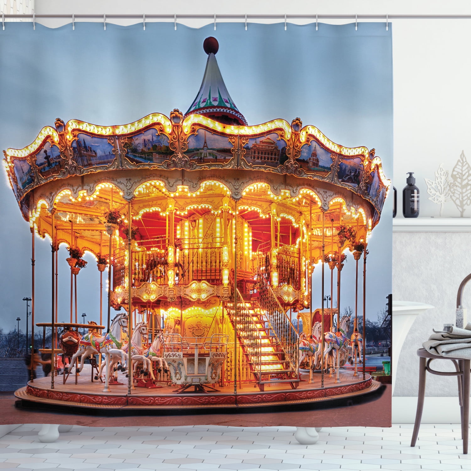 Ambesonne Carousel Shower Curtain, Vintage Fun Ride on Fair, 69