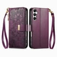 thumbnail image 2 of ELEHOLD Floral Embossed Leather Wallet Case for Samsung Galaxy A36 5G with Zipper Cash Slot, Card Holder Shockproof TPU Anti-Scratch Flip Stand Wallet Case Cover With Detachable Strap , Purple, 2 of 12