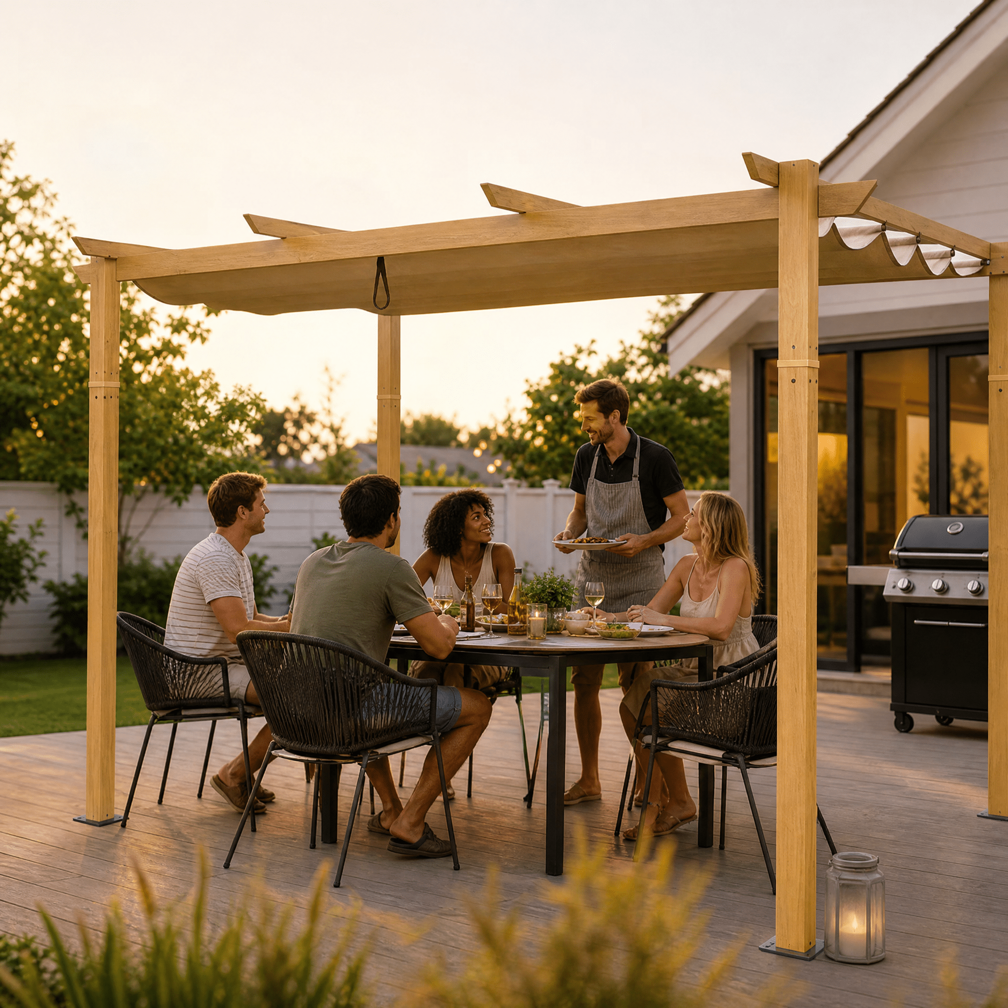 Outdoor Retractable Pergola with Weather-Resistant Sun Shade Canopy, Aluminum Pergola Gazebo for BBQ, Party, Wedding, Patio, Backyard, Deck, Garden