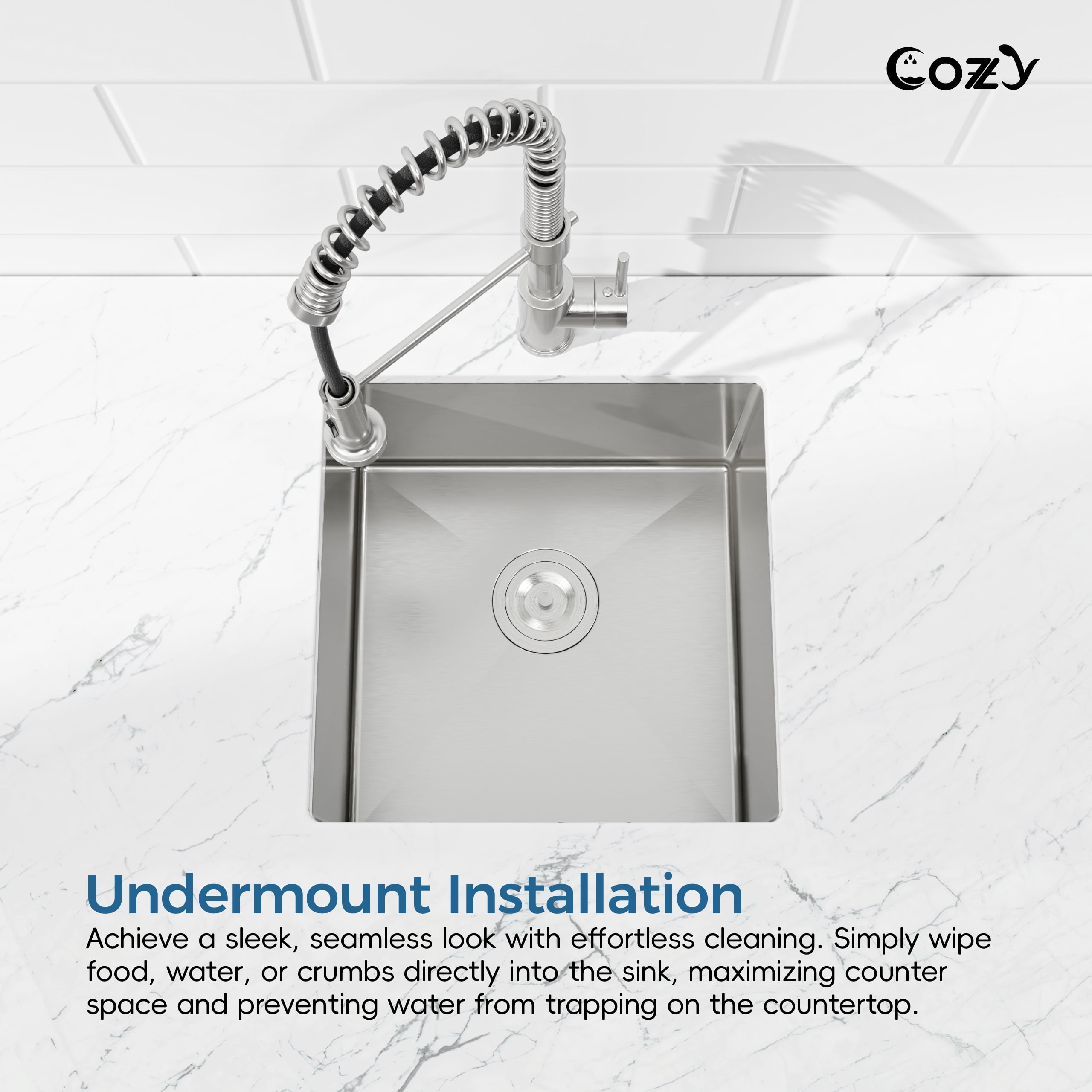 COZY 18″x18″ Stainless Steel Kitchen Sink, Single Bowl, Undermount Handmade Sink in Brushed Nickel, with US Standard Drain and Hook, SS-BR04D-181808