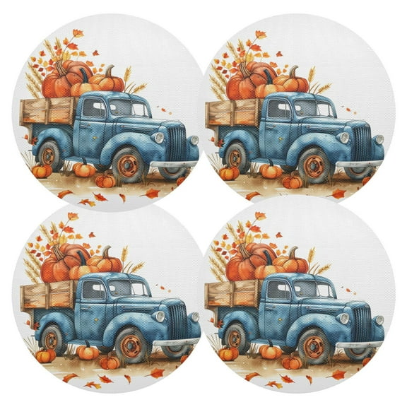 Ryvnso Autumn Truck with Pumpkins Round Plate Mats Dining Table Placemat Set of 4 for Holiday Decoration