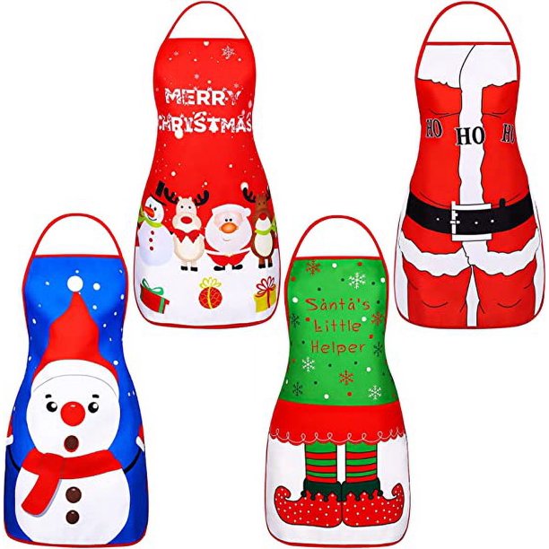 4 Piezas Divertido Delantal de Navidad Delantales de Cocina Ajustables Delantales de Navidad Delantales de Papá Noel Elfo Muñeco de Nieve 4 Estilos para la Cena de Navidad Cocinar Jardinería Limpieza