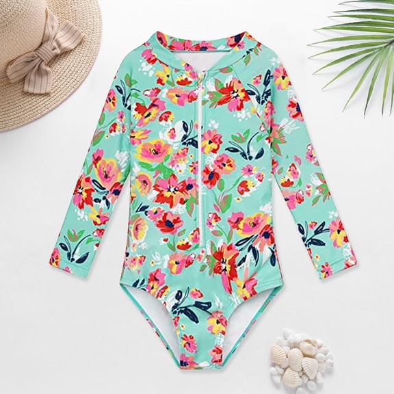 YOUSNH Baby and Toddler Girls Swimsuit Rash Guard Long Sleeve 1 Piece Zipper Bathing Suits UPF 50+ Sun Protections Bikinis for Teen Girls Green 6-7 Years