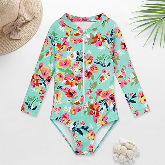 YOUSNH Baby and Toddler Girls Swimsuit Rash Guard Long Sleeve 1 Piece Zipper Bathing Suits UPF 50+ Sun Protections Bikinis for Teen Girls Green 6-7 Years