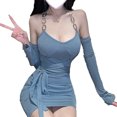 thumbnail image 4 of Vestido ajustado con eslabones de cadena azul, escote halter, mini, mangas en los brazos, cinturón en la cintura, sin espalda y estilo sin tirantes, 4 of 8