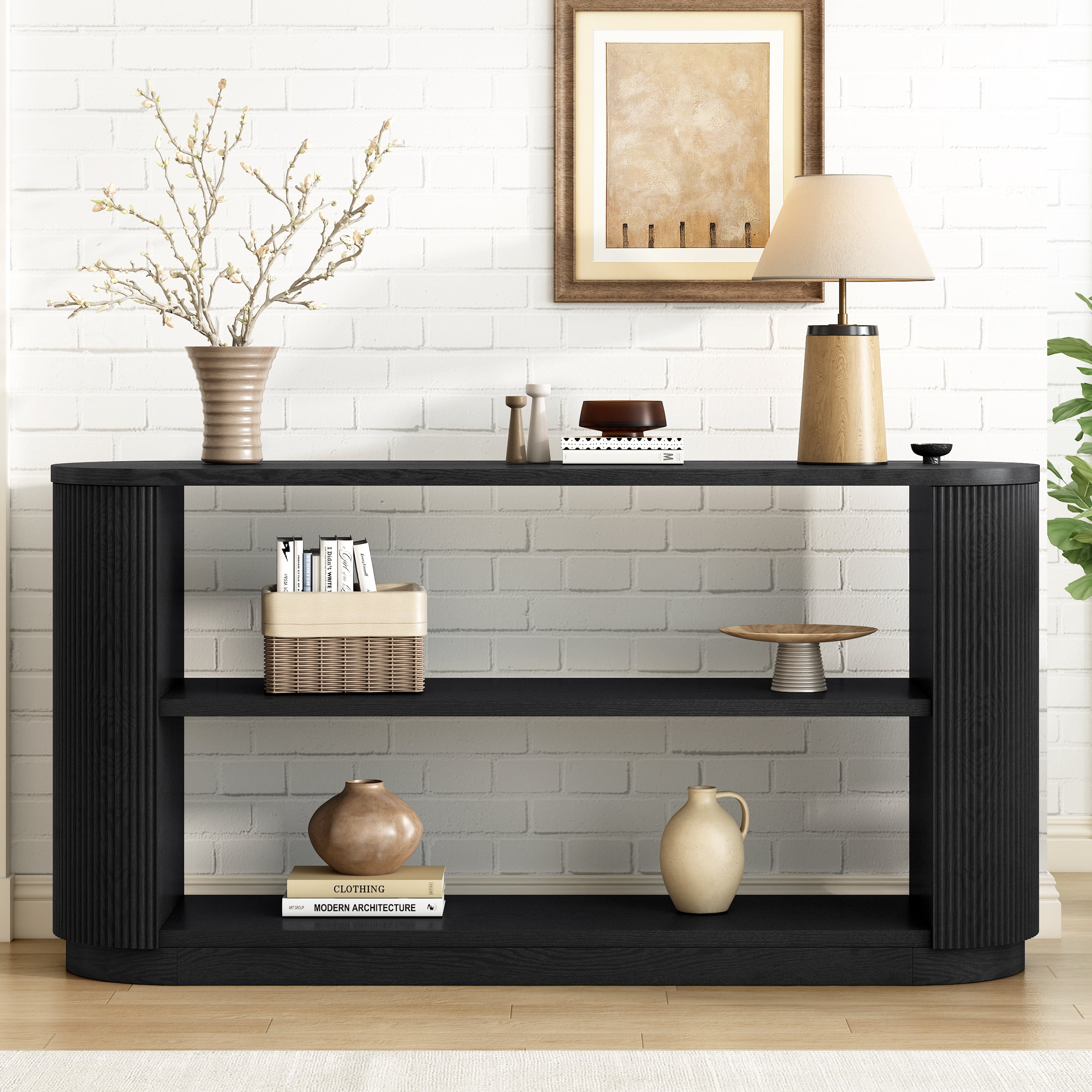EUROCO 58" Modern Console Table, 3-Tier Sofa Table Behind Couch Accent Tables with Open Shelf & Elegant Wood Grain,Hallway Table for Living Room,Black