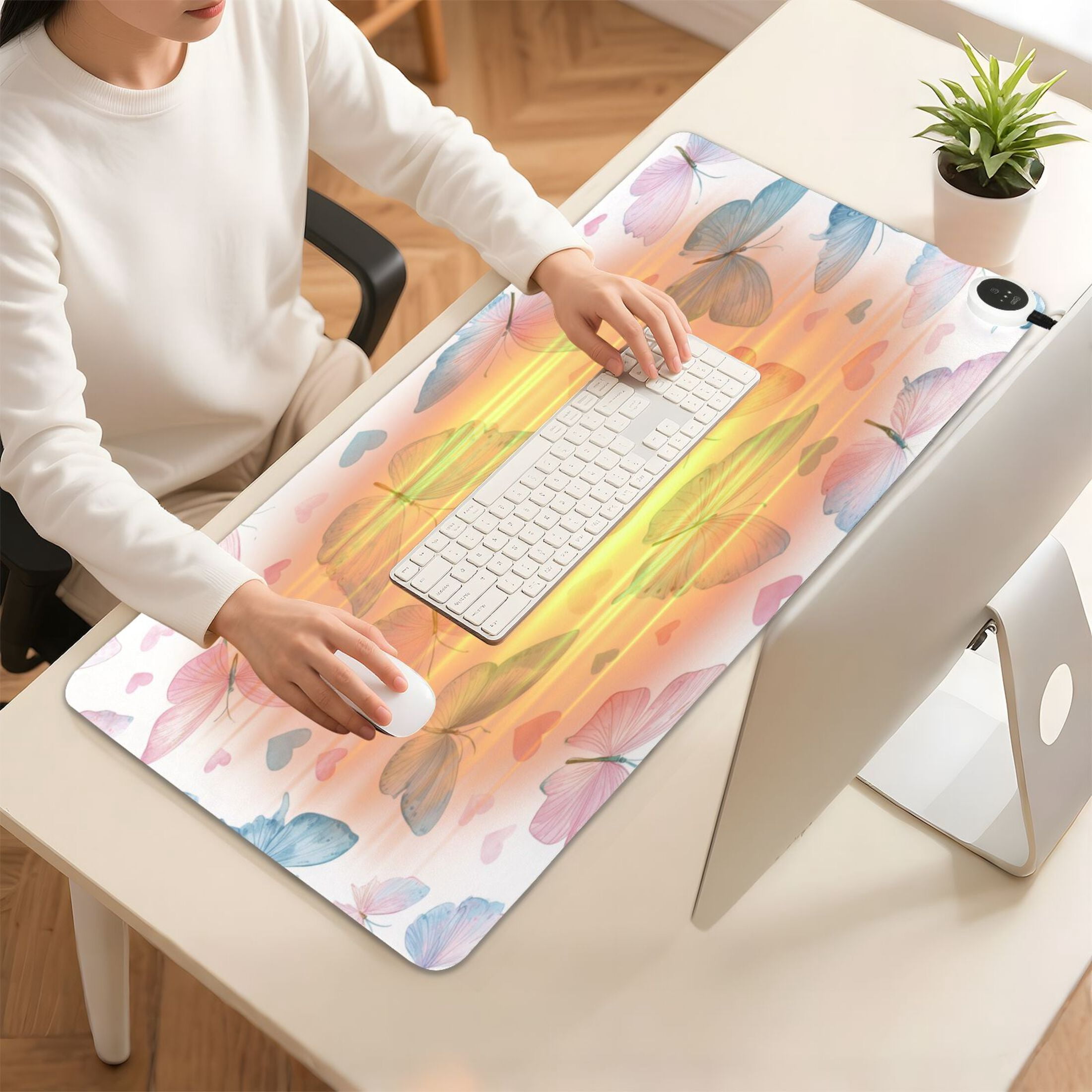 Large Heated Desk Mat Mouse Pad 31.5"x13"PU Leather Graphene Heating Desk Warmer with 3 Temperature Settings 110V US Plug Non-Slip Warm Pad for Home, Office, and Gaming Gentle Pastel Butterfly Print