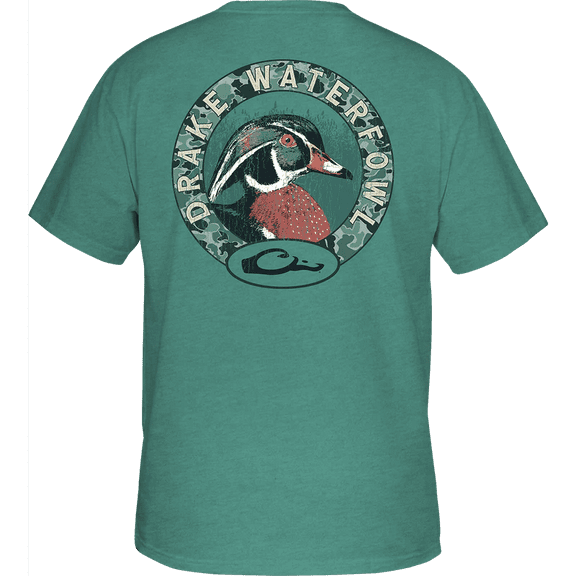Drake Waterfowl Mens Pocket T-Shirt - Wood Duck Circle Short Sleeve Design-Sea Blue Dark Heather-small