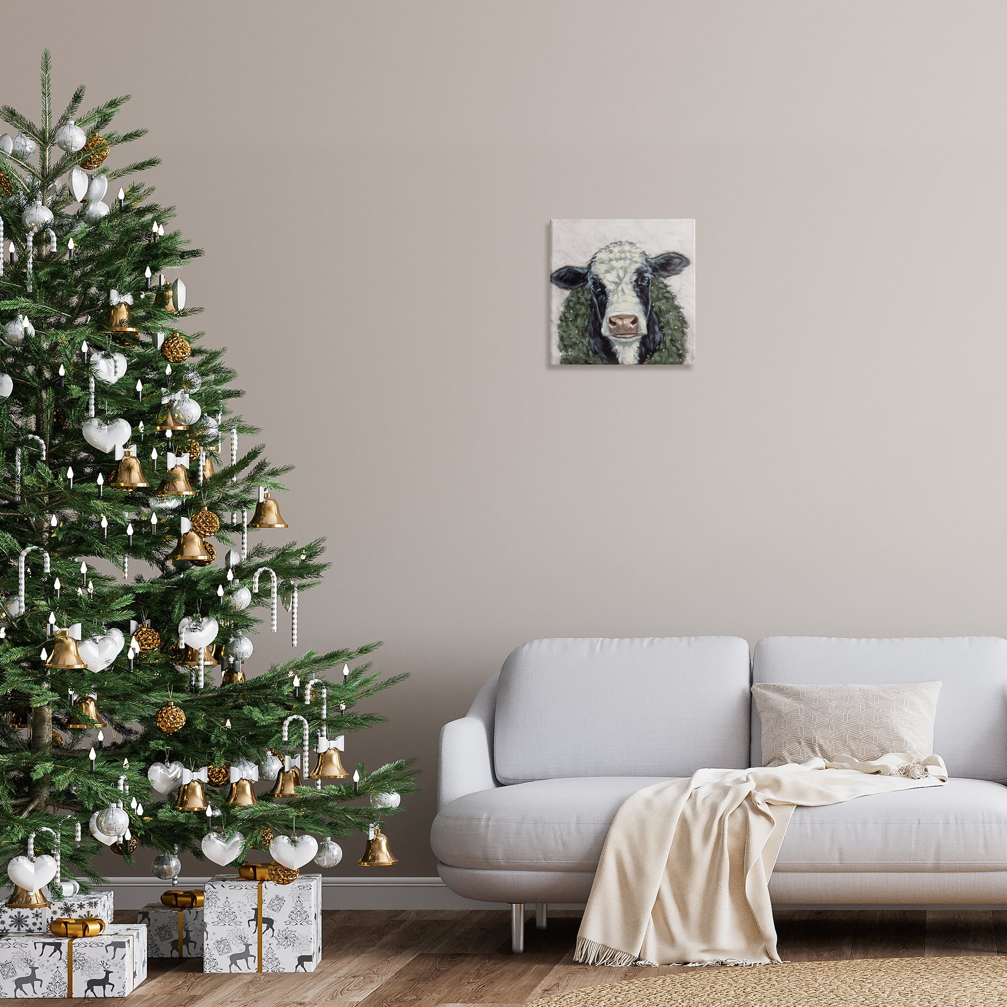 Stupell Industries Spotted Cow with Wreath Holiday Painting Gallery Wrapped Canvas Art Prints Wall Art, 17 x 17