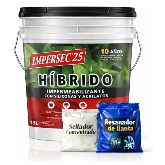 Impermeabilizante Impersec 10 Años Terracota 19 L Kit 2 con Sellador y Resanador Dentro de la Cubeta