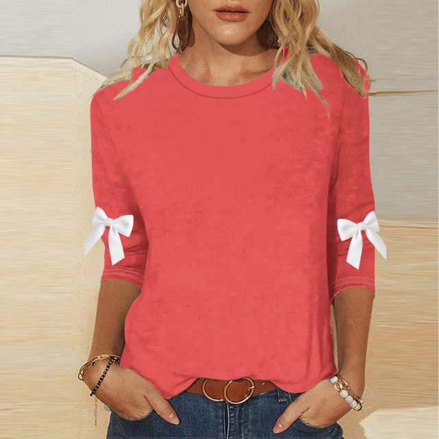 HongQid Womens Tops 3/4 Sleeve Shirts Round Neck Loose Casual Blouses Solid Color Tshirts