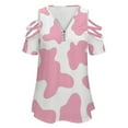 thumbnail image 4 of Strawberry Pink Cow Print Pattern Womens Summer V Neck Zipper Top Short Sleeve T Shirt Off Shoulder Top Casual Classy Loose Shirts, 4 of 7