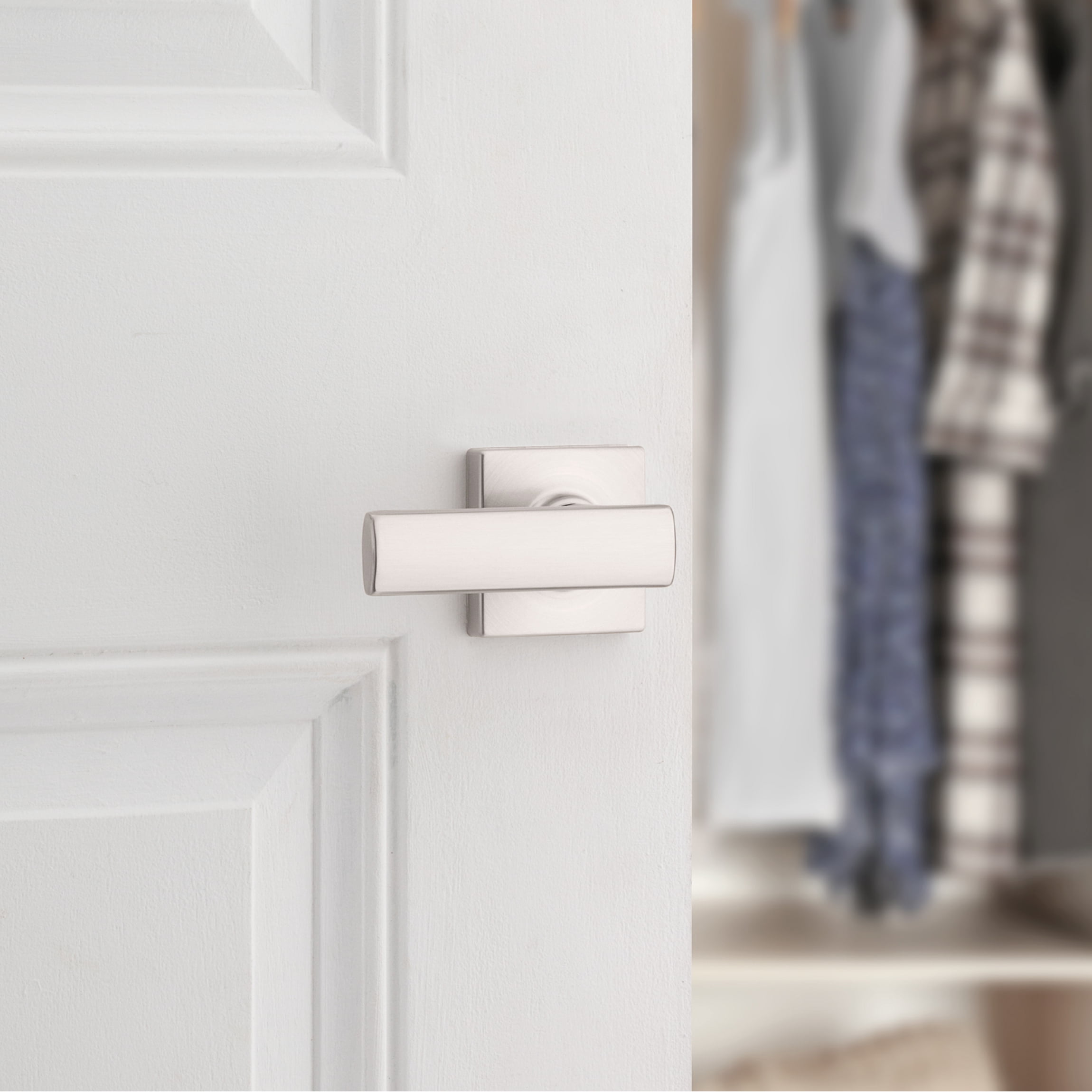 Kwikset Breton Square Passage Lever Doorknob Satin Nickel