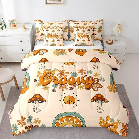 YST Cute Mushroom Comforter King for Kids Boys Girls,Groovy Flower Bedding Set 1960s 1970s Funky Floral Doodle Quilt Set,Cartoon Rainbow Swirls 60s 70s Reversible Bed Sets with Sheet Set