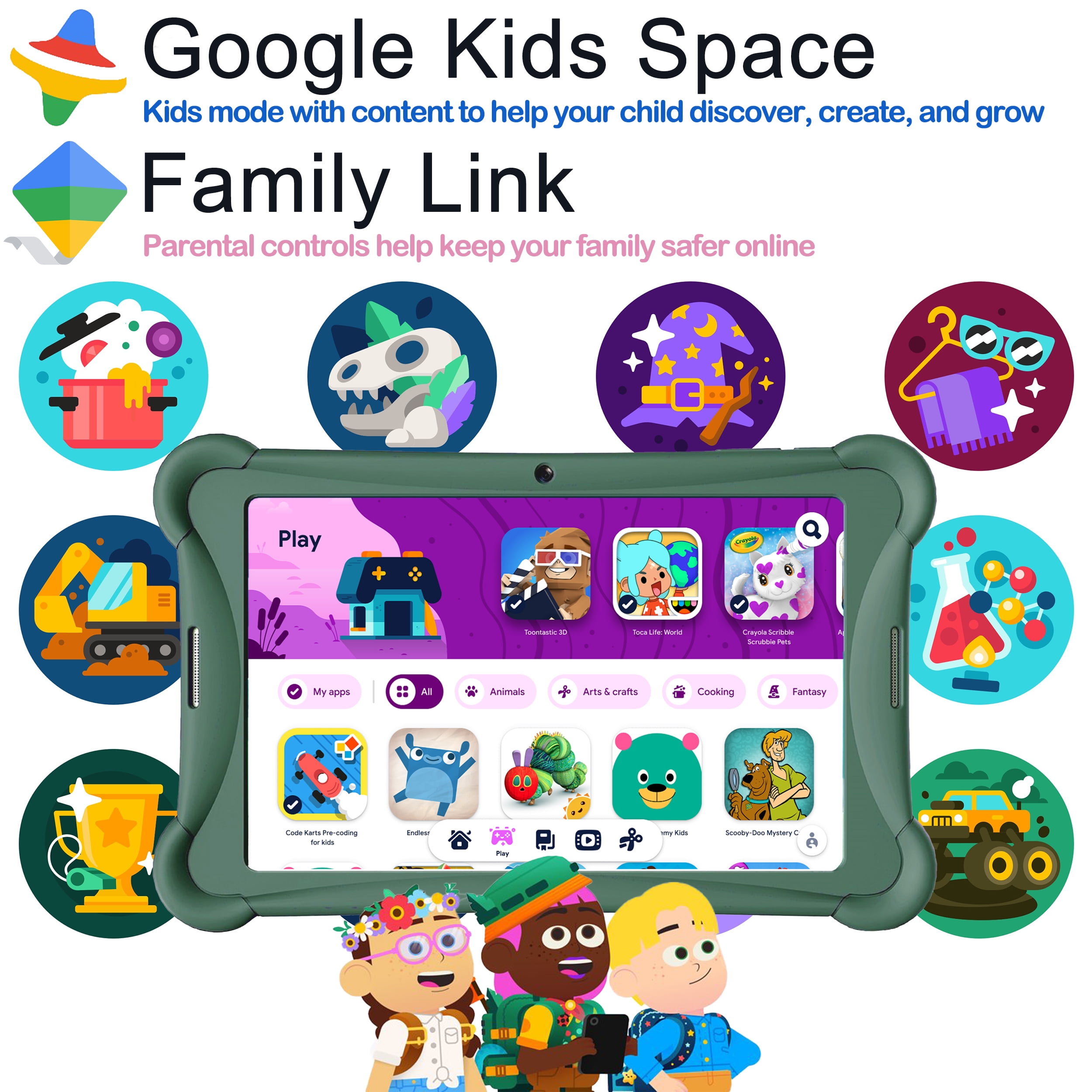 ME K10 Google Kids Space 10" 64GB Quad-Core Kids Tablet, Bumper Case Kickstand, Green
