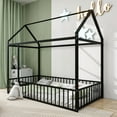 Twin Size House Bed, Metal House Floor Bed with Safety Fence and Roof