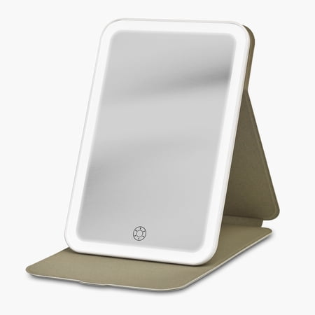 iHome Travel Mirror with Light and Adjustable Stand, Shatterproof Makeup Mirror with Rechargeable Battery White