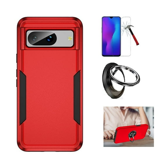 For Google Pixel 8 Case, Dual Layer Hard Cover Case   Ring/ Tempered Glass (Red)