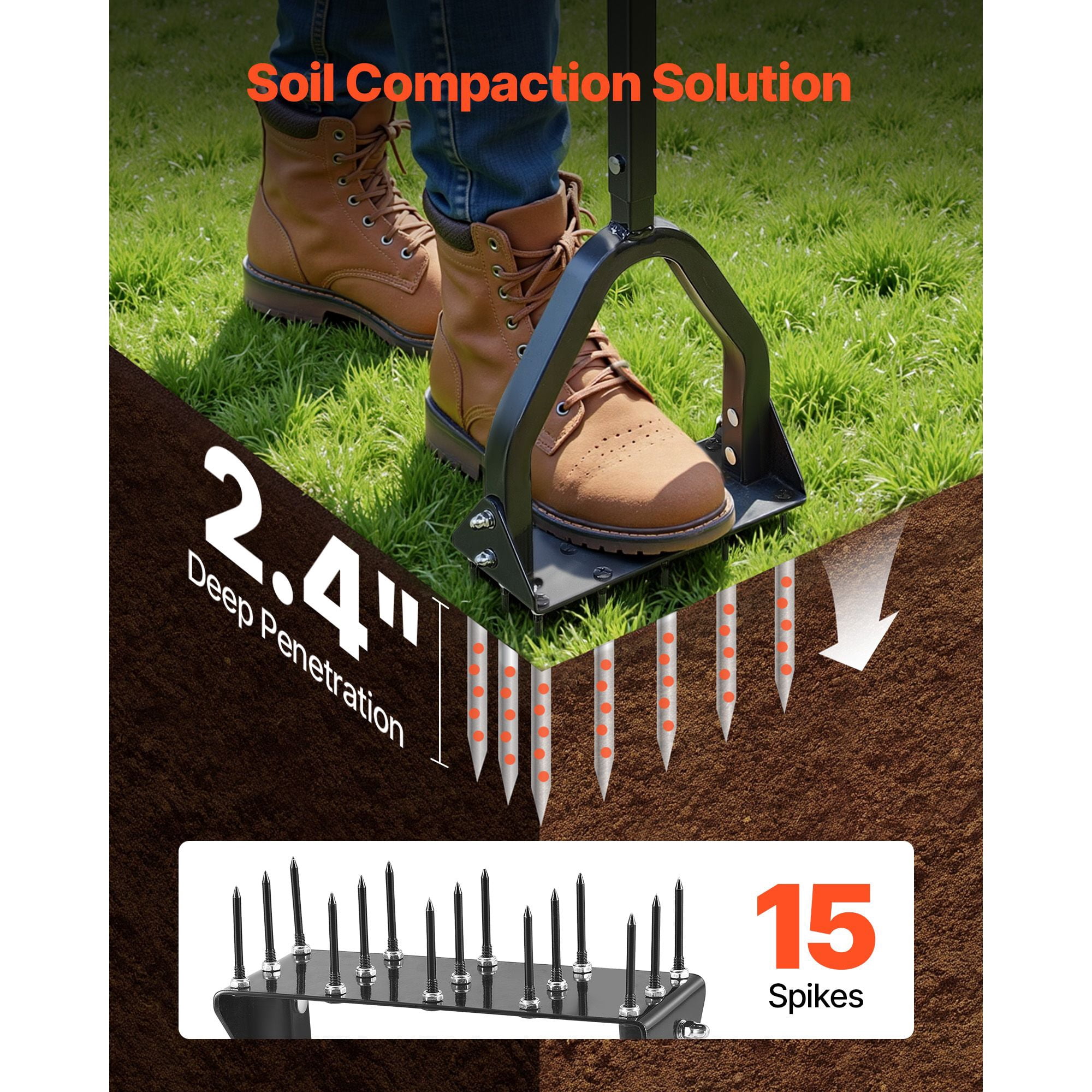 Lawn Aerator Tool, 15 Solid Steel Spikes, 2.8" Penetration Depth, 34.6" Height, 200 lbs Downward Force Capacity, Manual Core Aerator for Lawns, Garden Paths & Pet Areas