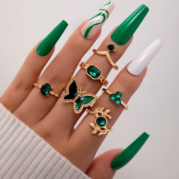 Emerald Diamond Love Palm Ring Set: Matching Alloy Rings, Electroplated Finish, 4/5/6/7 Piece Set (Unisex)