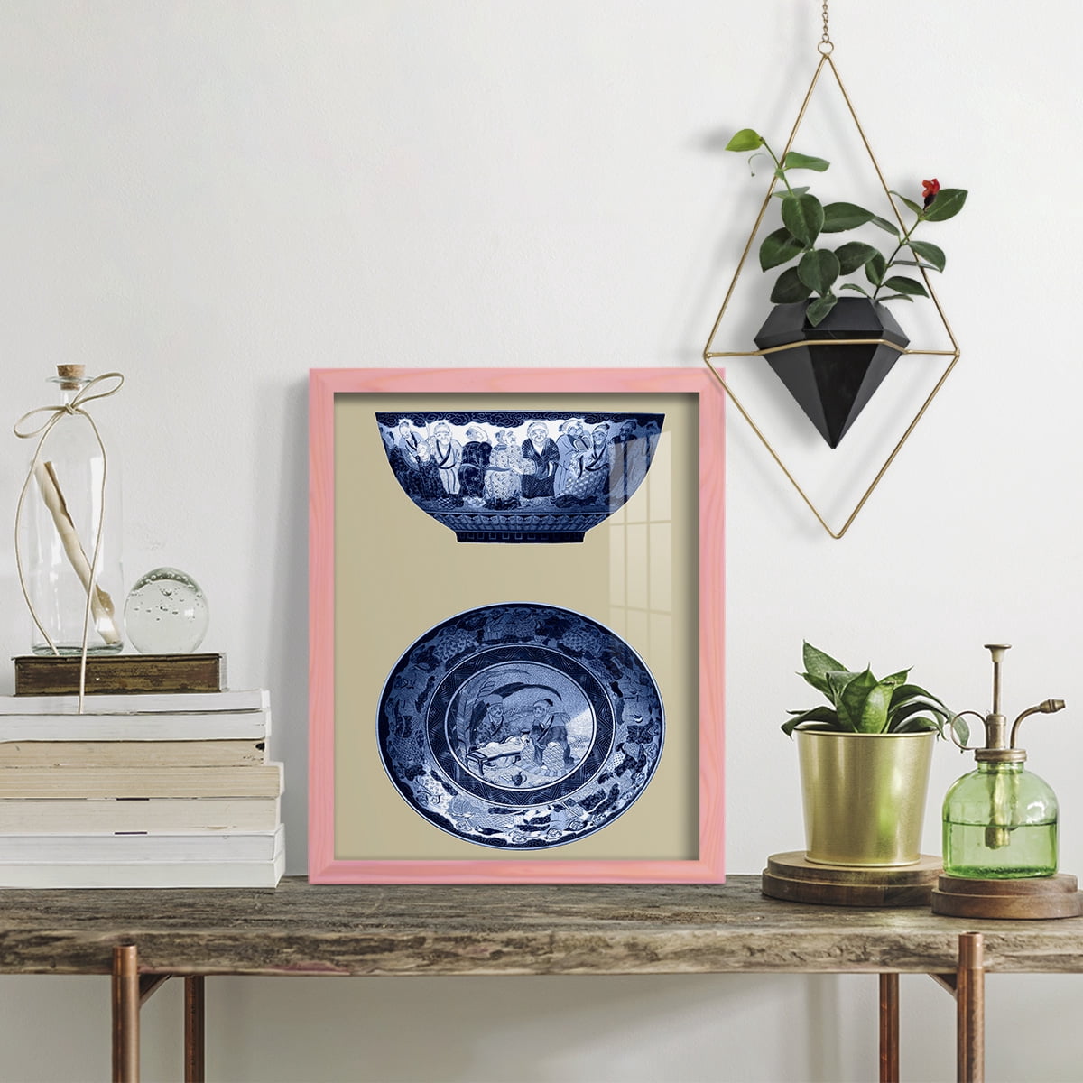 Porcelain in Blue and White II -Framed Print w/glass-Sunset Pink