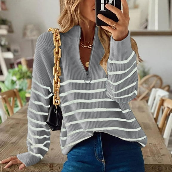 DailyTrove Women's Striped Knit Sweater, Long Sleeve, Casual Lounge & Office Wear, Soft Cotton Blend, Relaxed Fit, Plus Size Friendly