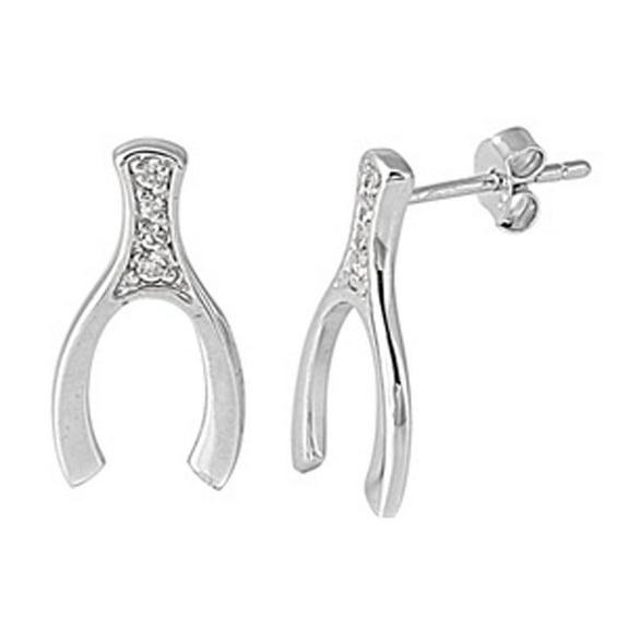 Wishbone Earrings Clear Cubic Zirconia .925 Sterling Silver Jewelry Female Unisex