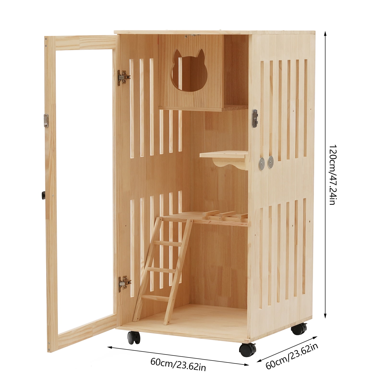 Large Wooden Cat House Indoor Furniture 47 inch Tall Cat Condo with Clear Door and LED Light Spacious Pine Wood Cat Cage