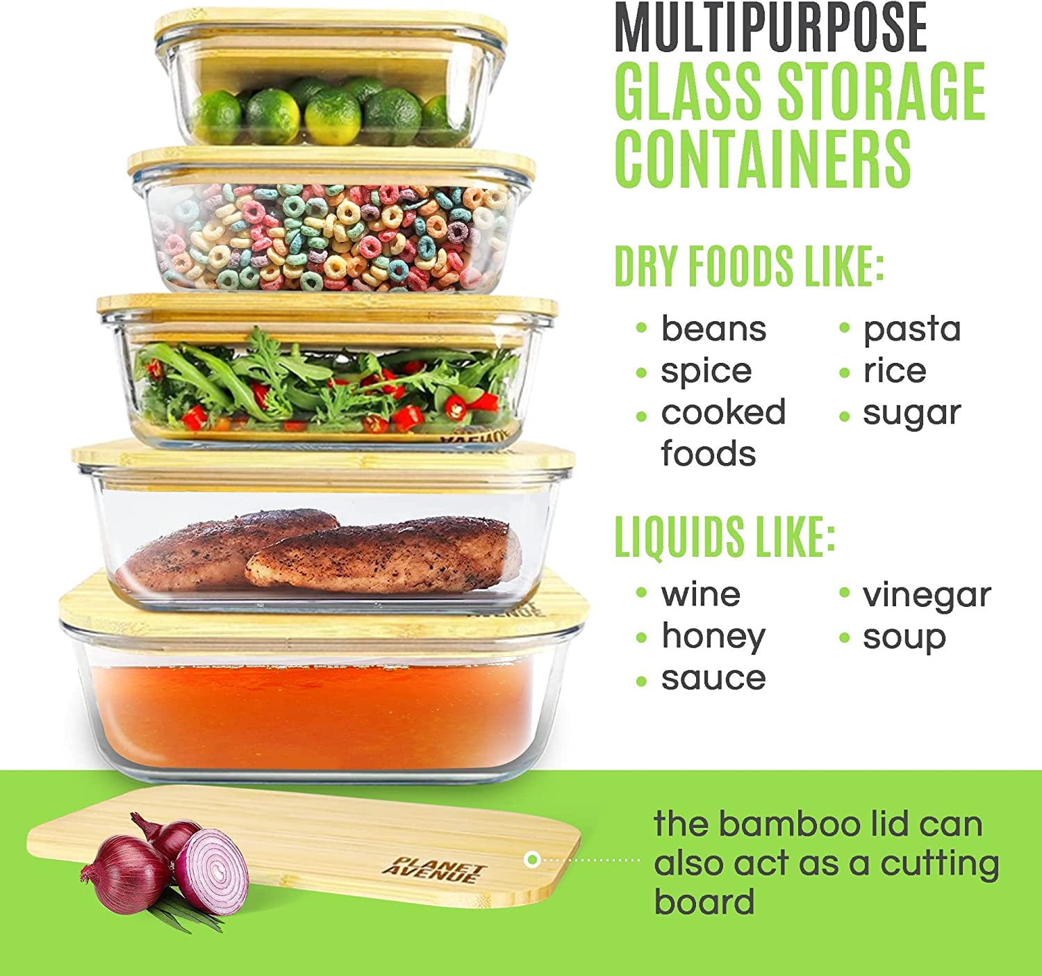 Planet Avenue Glass Food Storage Containers with Bamboo Lids – Airtight, Stackable, Eco-Friendly, BPA-Free – Set of 5