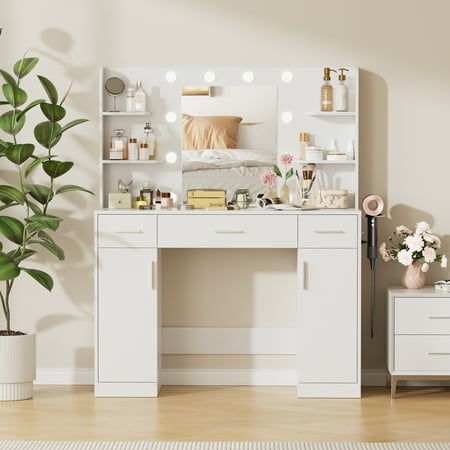 Gianna Modern Dressing Table with Mirror and Adjustable LED Lighting, Drawers and Storage Shelves, White