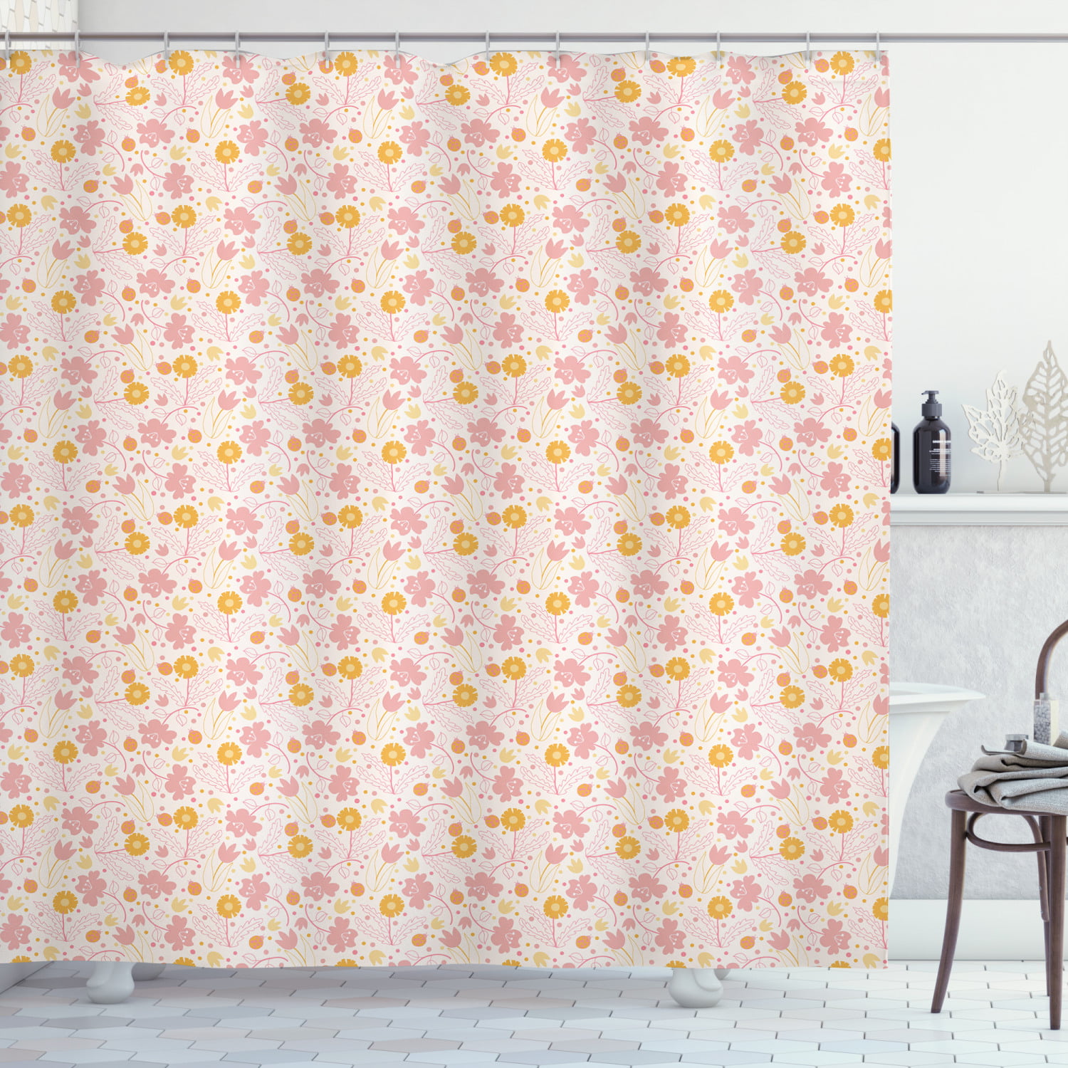 Ladybug and Plant Flowers 71*71" Waterproof Fabric Shower Curtain Hooks Bath Mat 
